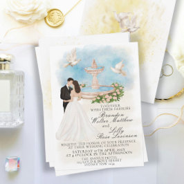 Invitación Elegante matrimonio con novia y fuente de Groom