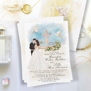 Invitación Elegante matrimonio con novia y fuente de Groom