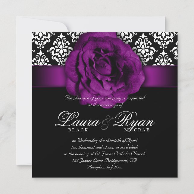 Invitación Elegante matrimonio Damask Rosa púrpura blanco neg (Anverso)