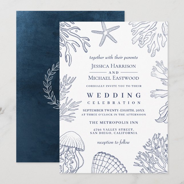 Invitación Elegante matrimonio de playa de coral blanco de la (Anverso / Reverso)