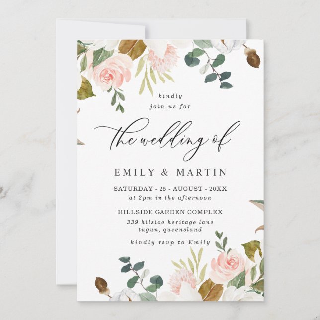 Invitación Elegante matrimonio de primavera floral blanca y R (Anverso)
