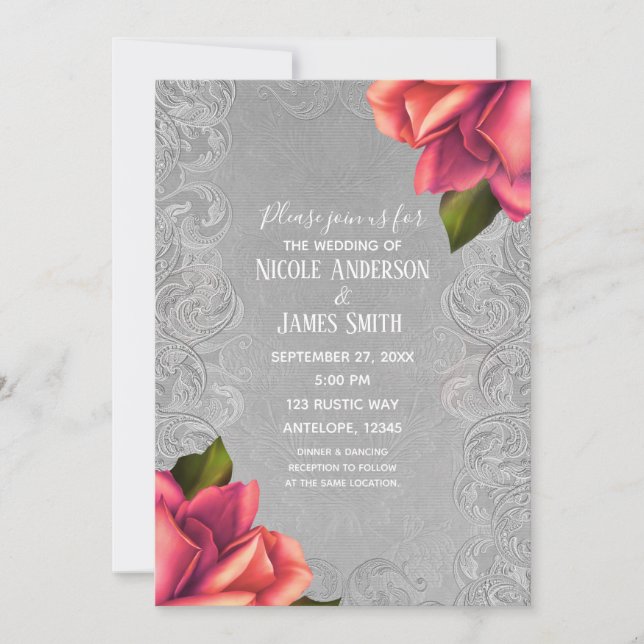 Invitación Elegante matrimonio de Rosa de época gris y rosa (Anverso)