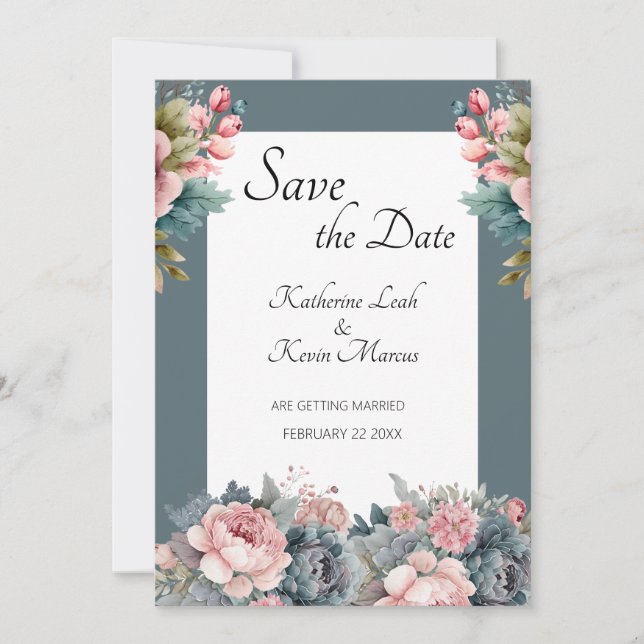 Invitación Elegante matrimonio floral azul Verde azulado salv (Anverso)