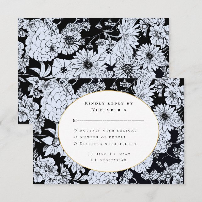 Invitación Elegante matrimonio floral blanco negro RSVP (Anverso / Reverso)