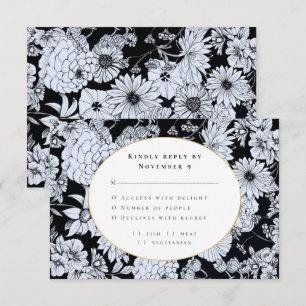 Invitación Elegante matrimonio floral blanco negro RSVP