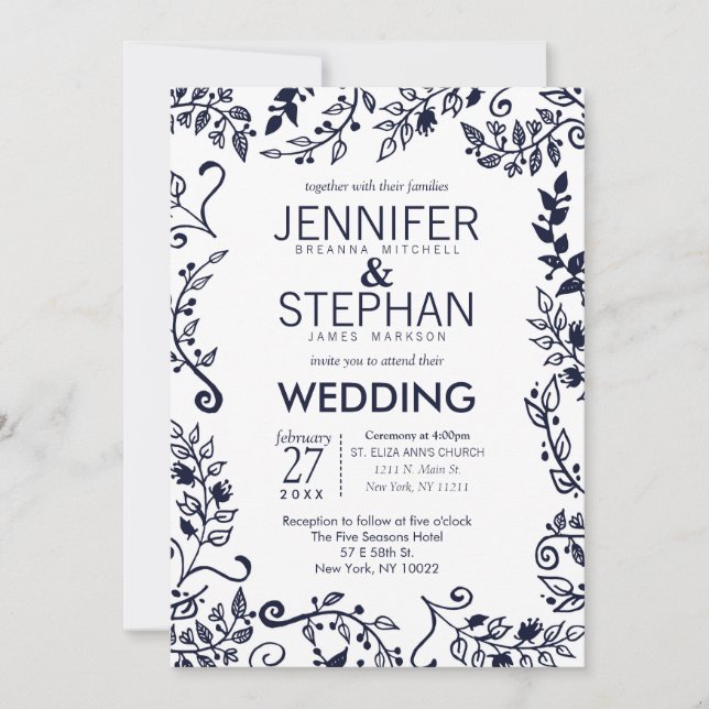 Invitación Elegante matrimonio floral blanco y naval (Anverso)