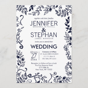 Invitación Elegante matrimonio floral blanco y naval