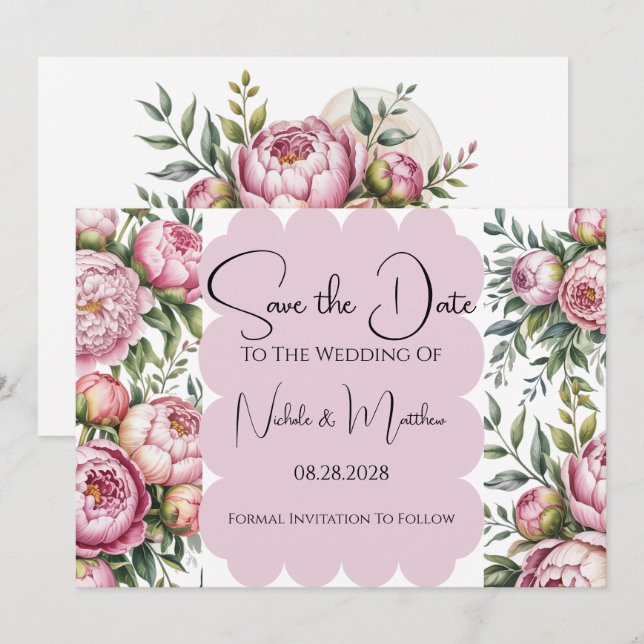 Invitación Elegante matrimonio floral de peones salva la fech (Anverso / Reverso)