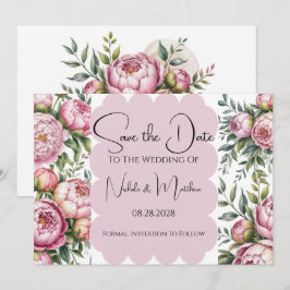 Invitación Elegante matrimonio floral de peones salva la fech