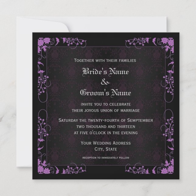Invitación Elegante matrimonio floral negro y morado Damasco (Anverso)