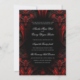 Invitación Elegante matrimonio gótico-rojo y negro en damasco