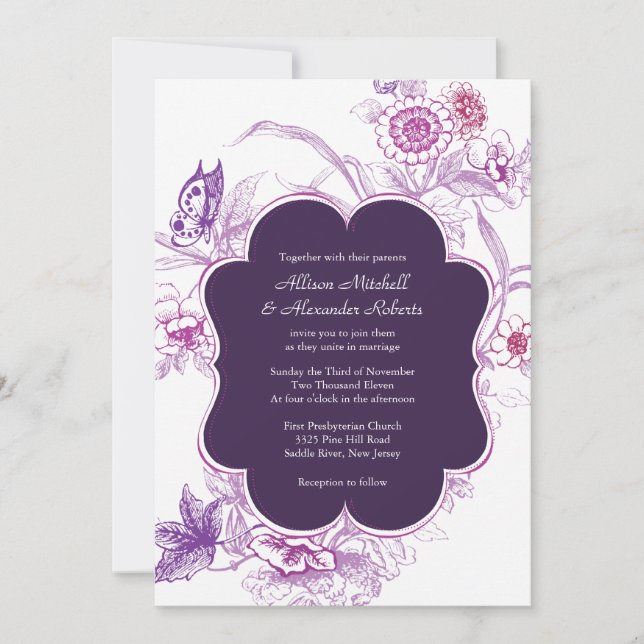Invitación Elegante matrimonio mariposa púrpura (Anverso)
