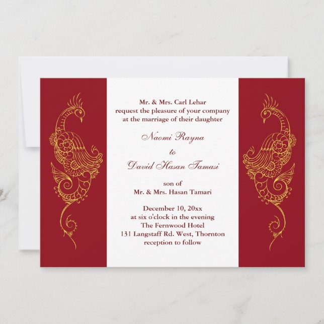 Invitación Elegante matrimonio Mehndi Peacock invita al rojo  (Anverso)