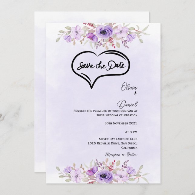 Invitación Elegante matrimonio morado floral salva la fecha (Anverso / Reverso)