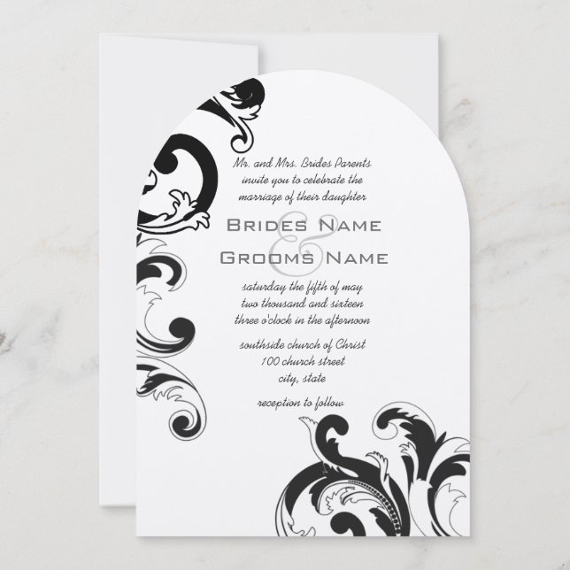 Invitación Elegante matrimonio negro y blanco grande Damasco (Reverso)