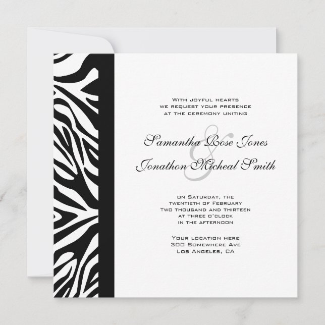 Invitación Elegante matrimonio personalizado de cebra blanca  (Anverso)