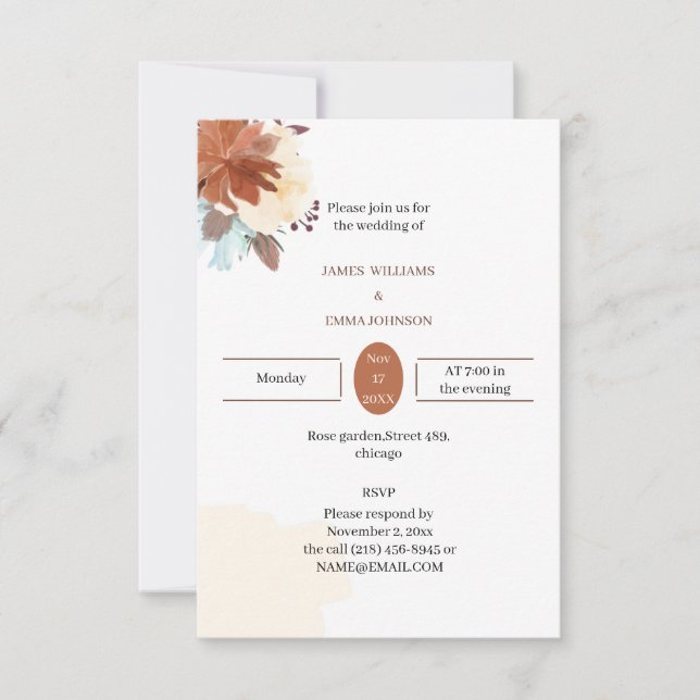 Invitación Elegante matrimonio personalizado de flor marrón (Anverso)
