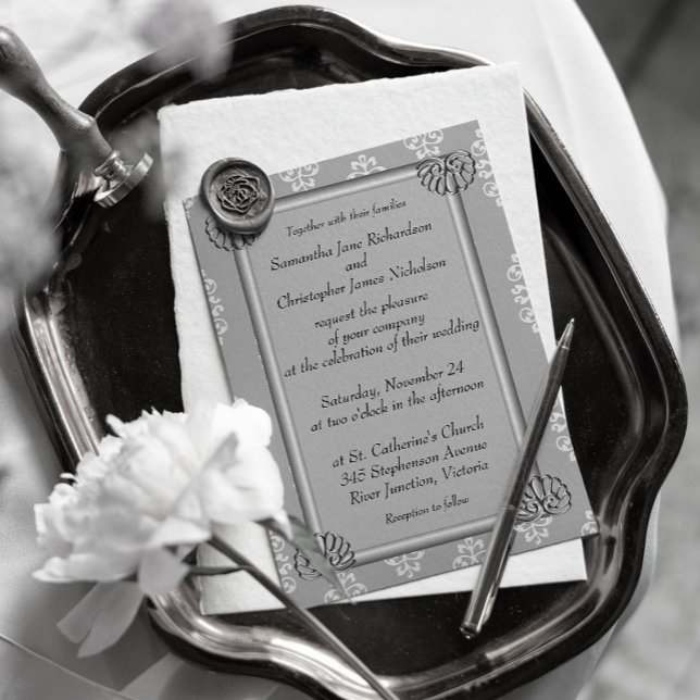 Invitación Elegante matrimonio plateado y blanco Damasco (Subido por el creador)
