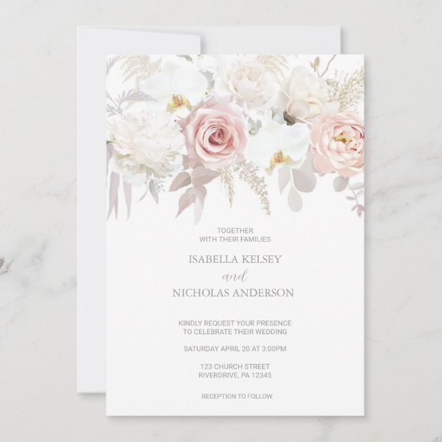 Invitación Elegante matrimonio rosa y blanco de flores invita (Anverso)