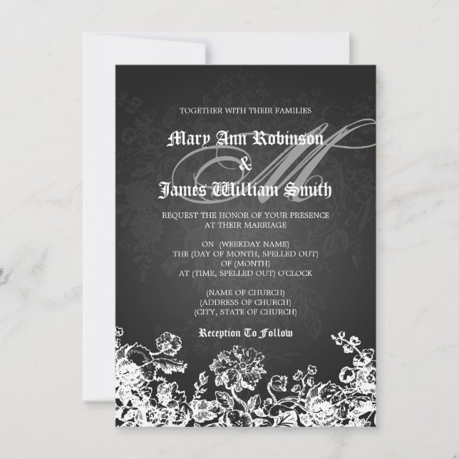 Invitación Elegante matrimonio victoriano florece negro (Anverso)