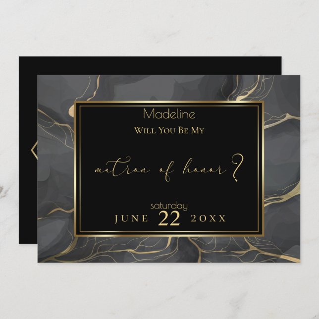 Invitación Elegante Matrón de Honor de Mármol Negro y Oro (Anverso / Reverso)