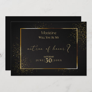 Invitación Elegante Matrón de honor negro y Purpurina de oro