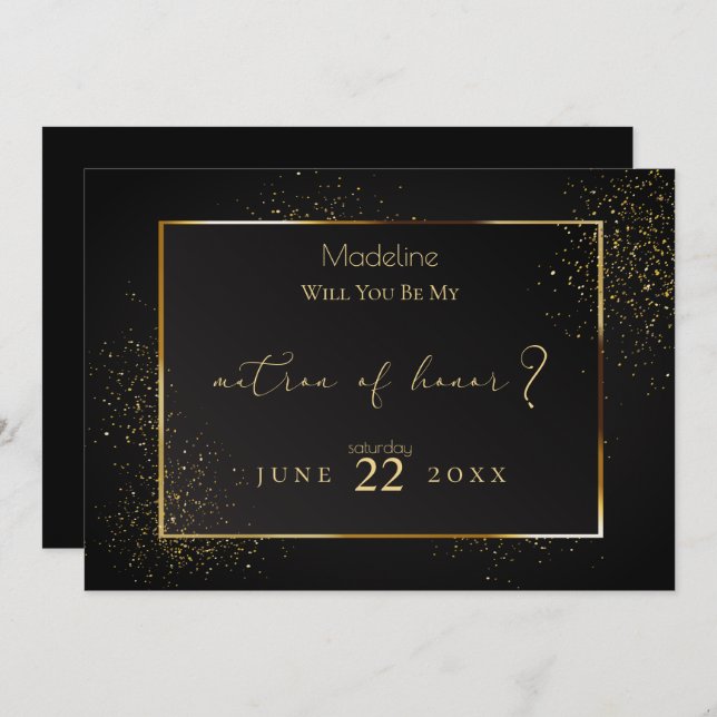 Invitación Elegante Matrón de honor negro y Purpurina de oro (Anverso / Reverso)