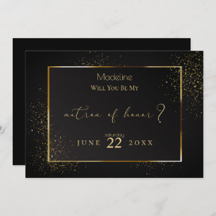 Invitación Elegante Matrón de honor negro y Purpurina de oro