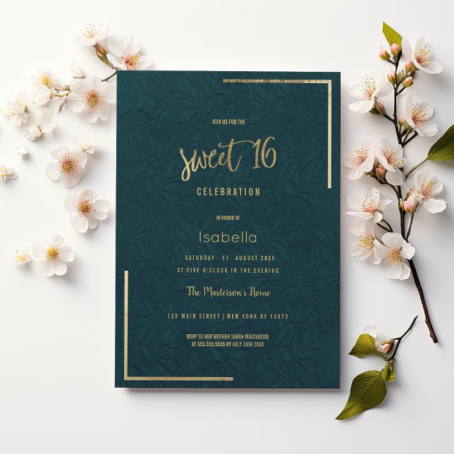 Invitación Elegante mauve dorado floral encaje Sweet 16 (Elegant mauve green gold floral lace Sweet 16)