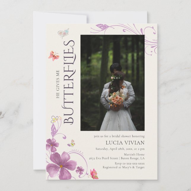 Invitación Elegante me da ducha de novia con fotos de maripos (Anverso)