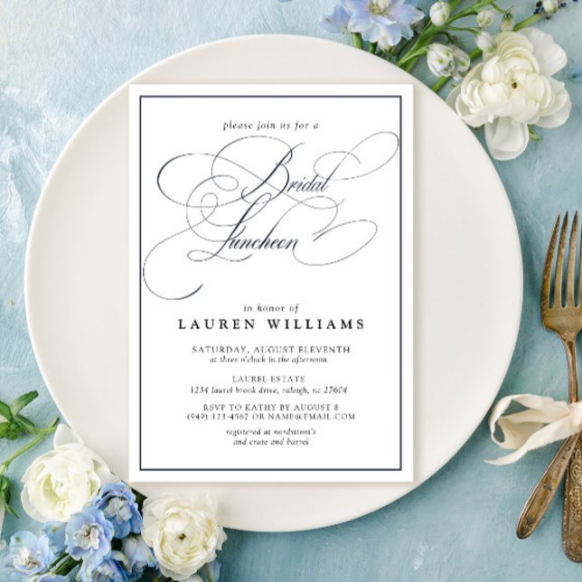 Invitación Elegante medalla de luna azul de la marina (Easily personalize this beautiful bridal luncheon invitation for the perfect celebration!)