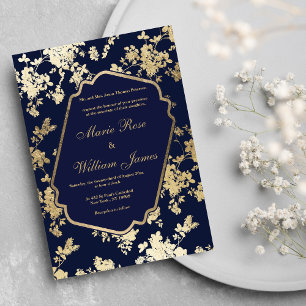 Invitación Elegante medalla de oro azul marino floral Invitac