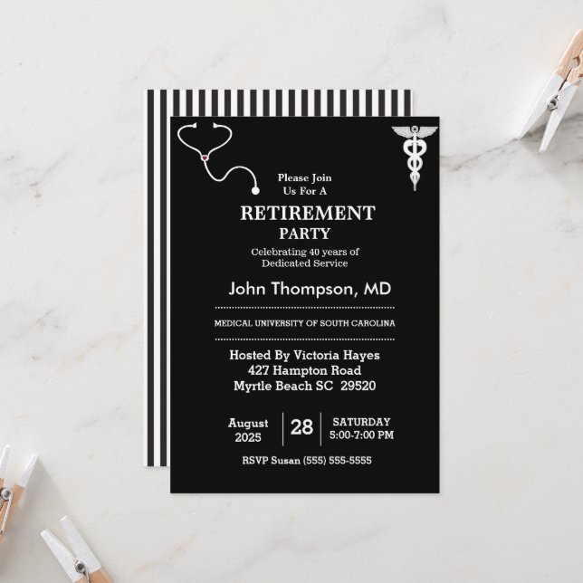 Invitación Elegante Médica Fiesta de Jubilación de color negr (Anverso/Reverso In Situ)