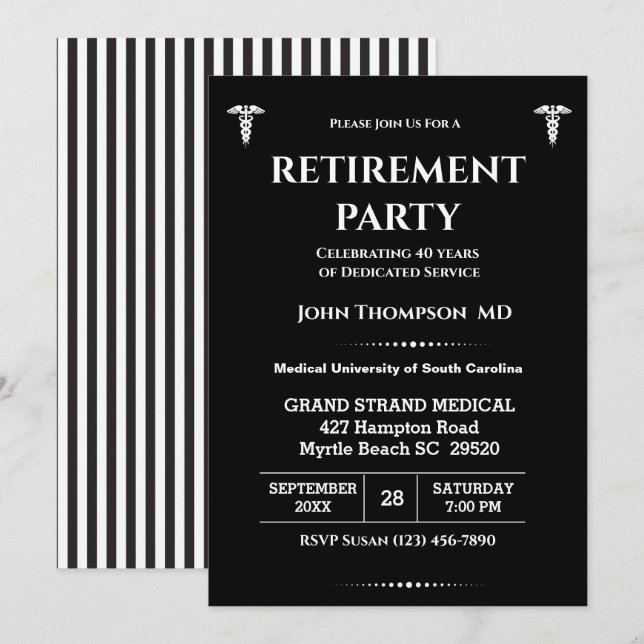 Invitación Elegante Médica Fiesta de Jubilación Negro y Blanc (Anverso / Reverso)