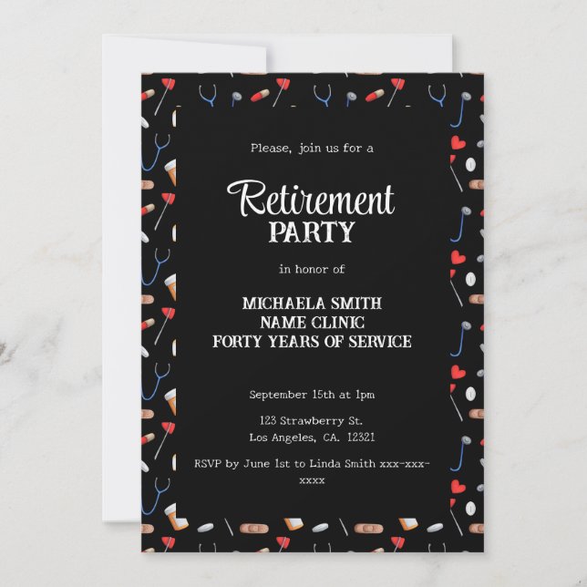Invitación Elegante Médico negro Fiesta de Jubilación de Enfe (Anverso)