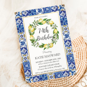 Invitación Elegante Mediterráneo limón 74 cumpleaños Cualquie