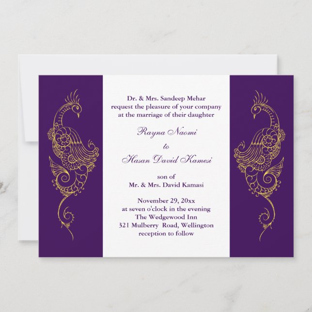 Invitación Elegante Mehndi Peacock Wedding Invitan a Blanco P (Anverso)