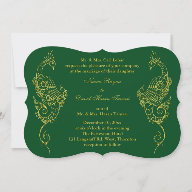 Invitación Elegante Mehndi Peacock Wedting - Verde (Anverso)