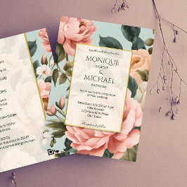 Invitación Elegante melocotón vintage floral todo en uno