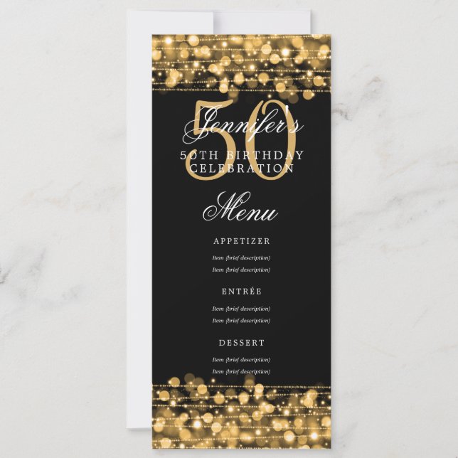 Invitación Elegante menú 50 cumpleaños con luces de oro (Anverso)