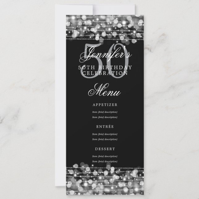 Invitación Elegante menú 50 cumpleaños con luces plateadas (Anverso)