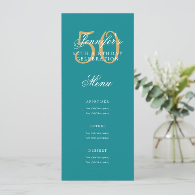 Invitación Elegante menú 50 cumpleaños fiesta de oro Verde az (Anverso de pie)