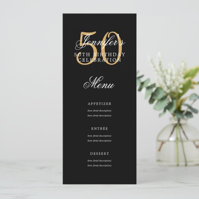 Invitación Elegante menú 50 cumpleaños fiesta Gold Black (Anverso de pie)