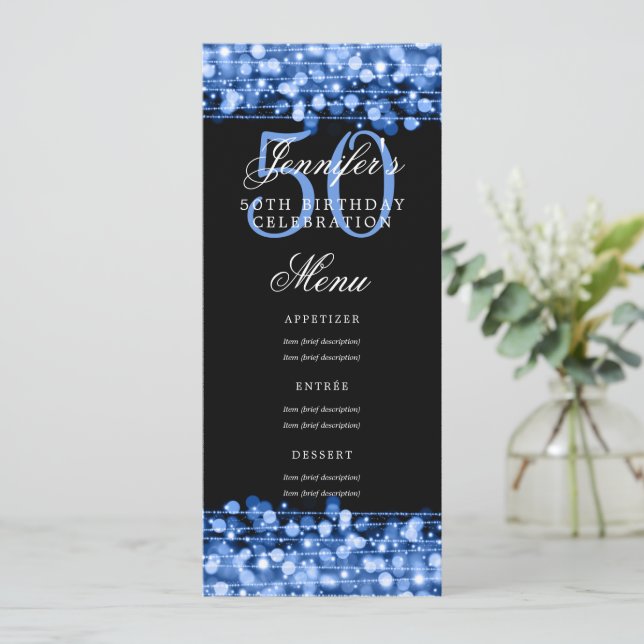 Invitación Elegante menú 50 cumpleaños fiesta luces de la mar (Anverso de pie)