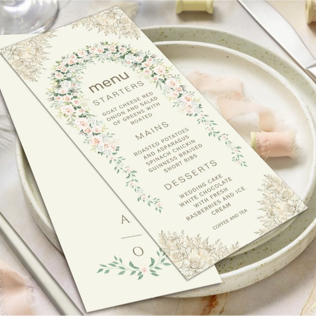 Invitación Elegante menú Boda de arcos florales (Elegant Floral Arch Wedding Menu Invitation #zazzlefinds #softcolormenu #decorativegoldframe #floral)