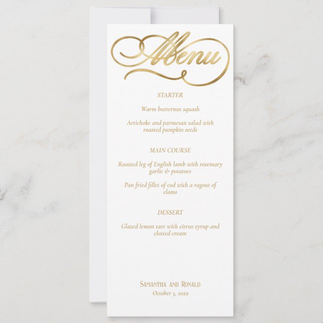 Invitación Elegante menú Boda de caligrafía blanca y falsa de (Anverso)