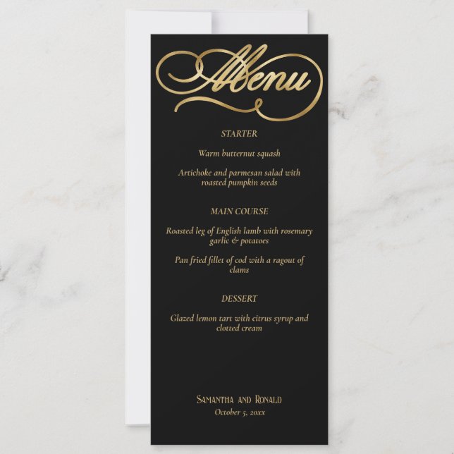 Invitación Elegante menú Boda de caligrafía de oro negro y fa (Anverso)