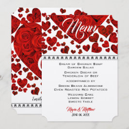 Invitación Elegante menú Boda de Corazones Rojos y Rosas