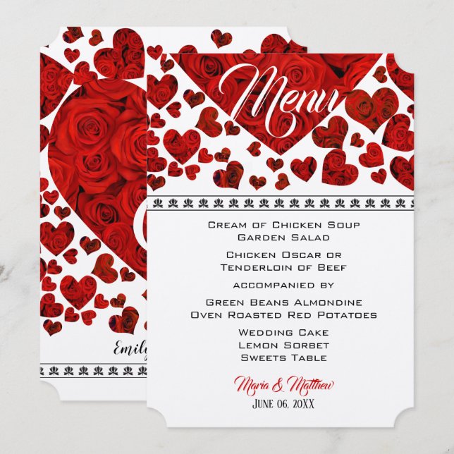 Invitación Elegante menú Boda de Corazones Rojos y Rosas (Anverso / Reverso)