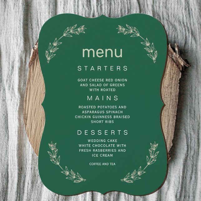 Invitación Elegante menú Boda de la vegetación | Tipo de letr (Elegant Greenery Wedding Menu | Script Font #zazzlemade #menu #dinner #leafwreathmenu #darkgreen)